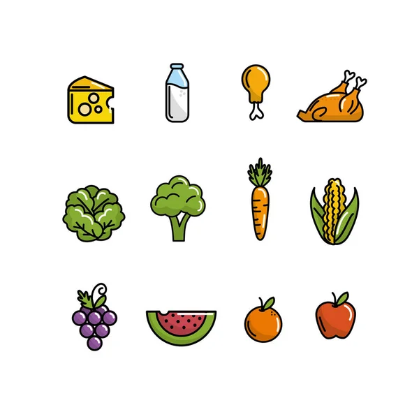 Conjunto Nutrição Legumes Frutas Com Proteína Farinhas Vetor Ilustração — Vetor de Stock