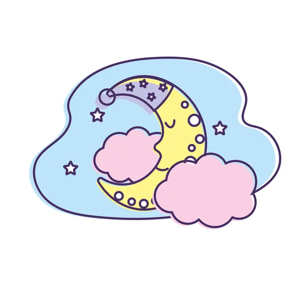 可爱的月亮与睡眠帽子设计和云彩与星向量例证 — 图库矢量图片