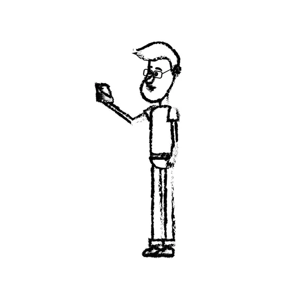 Figur Trevlig Man Med Frisyr Och Smartphone Handen Vektorillustration — Stock vektor