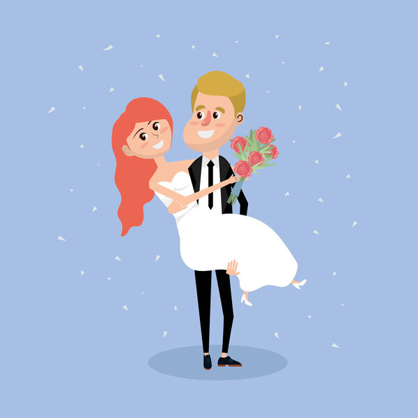 couple married with bouquet flowers in the hand vector illustration