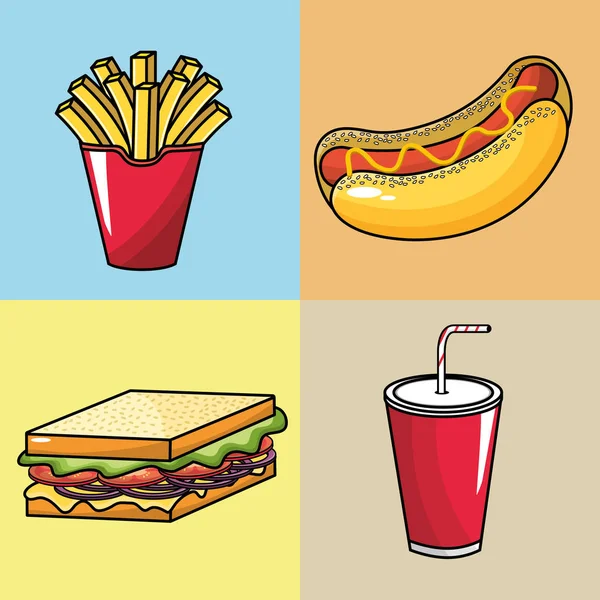 Impostare Fast Food Con Soda Nel Bicchiere Plastica Illustrazione Vettoriale — Vettoriale Stock