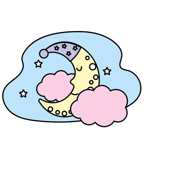 Lune Mignonne Avec Conception Chapeau Sommeil Nuages Avec Illustration Vectorielle — Image vectorielle