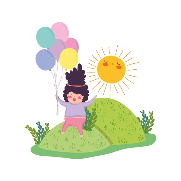 Petite Fille Joufflue Avec Des Ballons Air Dans Paysage Vectoriel — Image vectorielle