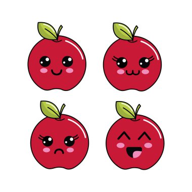 Kawaii elma diferents yüzler simgesi, vektör çizim tasarım