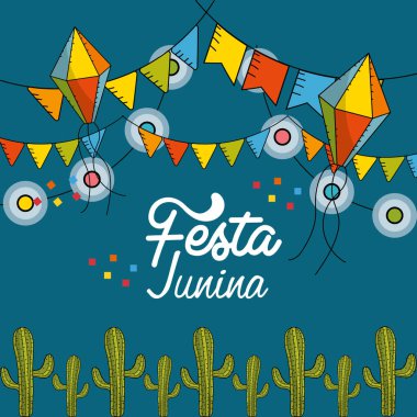 Festa junina bayrakları parti ve zincir ampuller ile uçurtma, vektör çizim ile