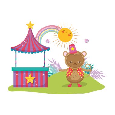 komik sirk maymunu şapka kiosk vektör çizim tasarım ile