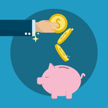 person hand save coins in the pig, vector illustration