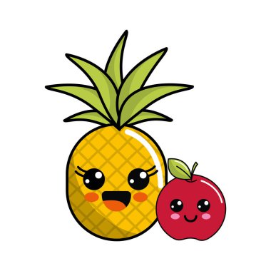 Kawaii mutlu ananas ve elma simgesi, vektör çizim tasarım