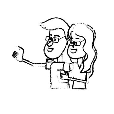 saç modeli ve el vektör çizim içinde smartphone ile şekil güzellik çift