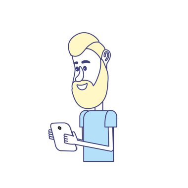 güzel adam saç modeli ve el vektör çizim içinde smartphone