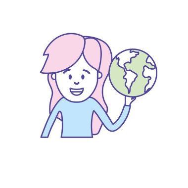 küresel dünya gezegen el vektör çizim içinde kadınla