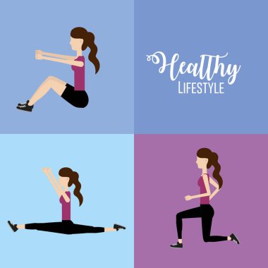 egzersiz vektör illüstrasyon yapmak için kadın sağlıklı yaşam tarzı ayarlayın
