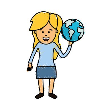 küresel dünya gezegen el vektör çizim içinde kadınla