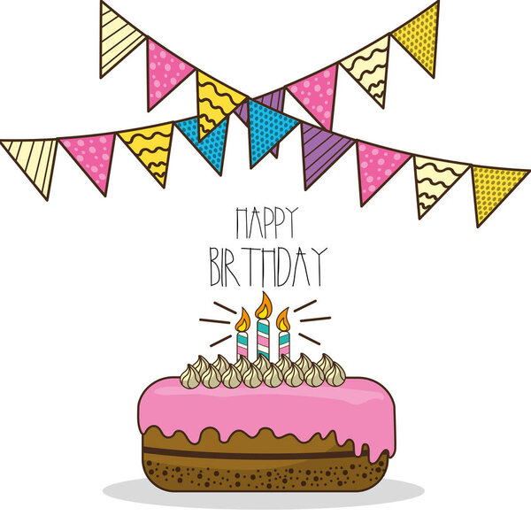 happy birthday decoration with cake and candles, vector illustration