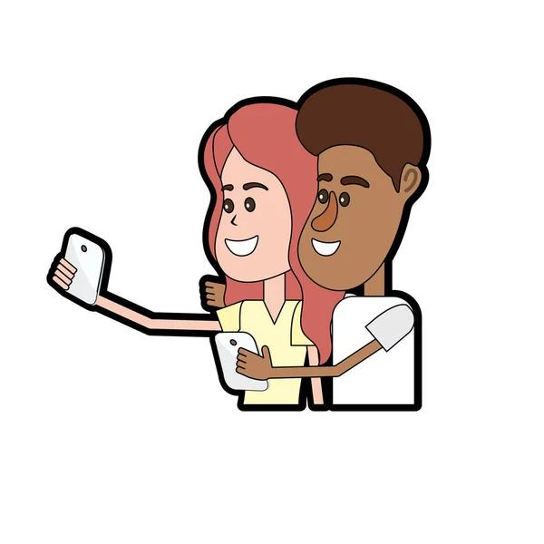 Couple Beauté Avec Coiffure Smartphone Dans Illustration Vectorielle Main — Image vectorielle