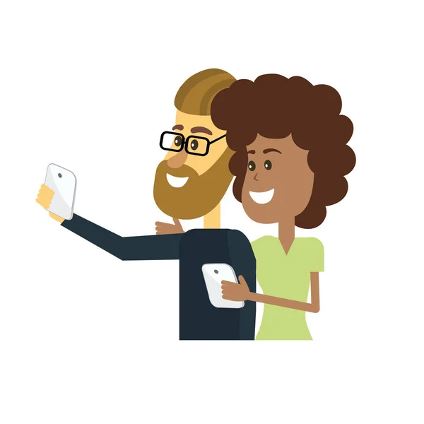 Couple Beauté Avec Coiffure Smartphone Dans Illustration Vectorielle Main — Image vectorielle