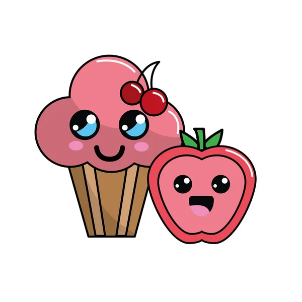 Kawaii Pastel Cereza Manzana Icono Con Hermosas Expresiones Vector Ilustración — Archivo Imágenes Vectoriales