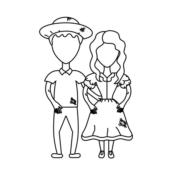 Ligne Mignon Couple Brésilien Avec Chapeau Vêtements Typiques Illustration Vectorielle — Image vectorielle