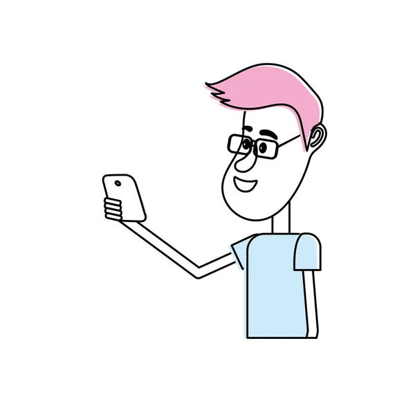 Bel Homme Avec Coiffure Smartphone Dans Illustration Vectorielle Main — Image vectorielle