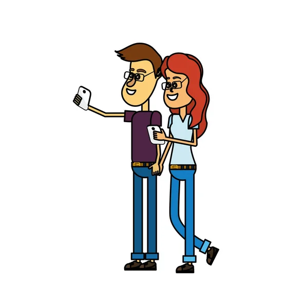 Couple Beauté Avec Coiffure Smartphone Dans Illustration Vectorielle Main — Image vectorielle