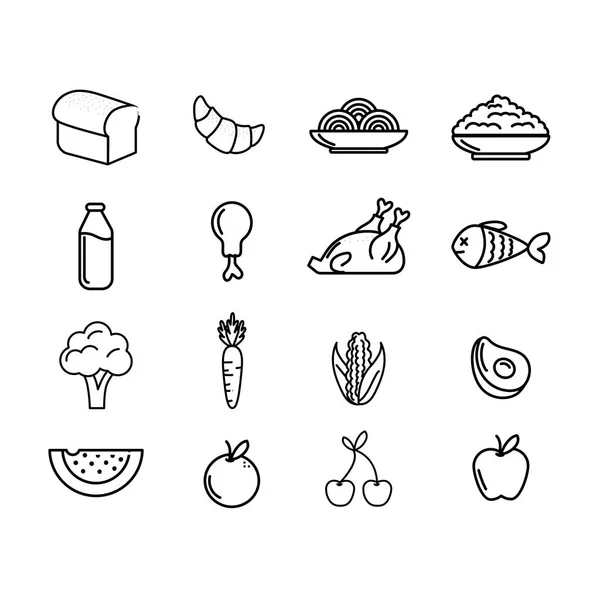 Set Nutrición Verduras Frutas Con Proteínas Harinas Vector Ilustración — Vector de stock