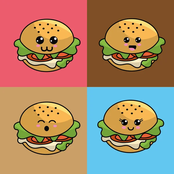 Kawaii Set Burger Icon Beautiful Expressions Vector Illustration — Stock Vector