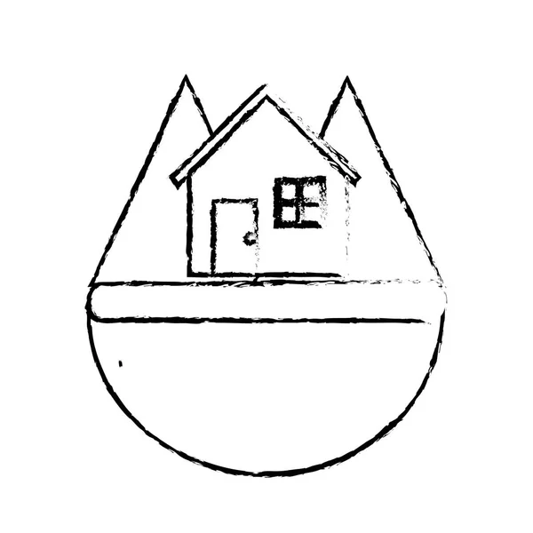 Ligne Belle Maison Dans Forêt Witn Montagnes Dessin Vectoriel Illustration — Image vectorielle