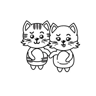 line cute couple cat wild animal with beautiful expression vector illustration