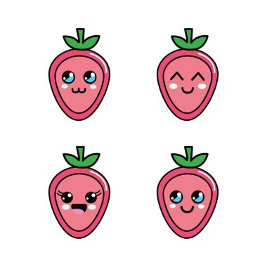 Kawaii çilek diferents yüzler kutsal kişilerin resmi, vektör illustraction tasarımı
