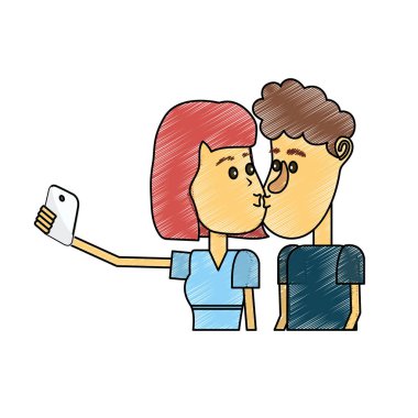 çiftin öpüştüğünü ve akıllı telefon vektör çizim ile alarak selfie