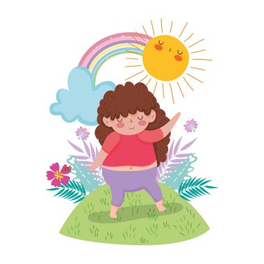 Gökkuşağı peyzaj vektör çizim tasarım ile küçük tombul kız
