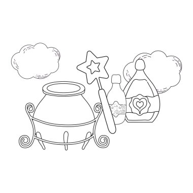 iksir şişesi ve değnek vektör çizim tasarımı ile sihirli cadı kazanı