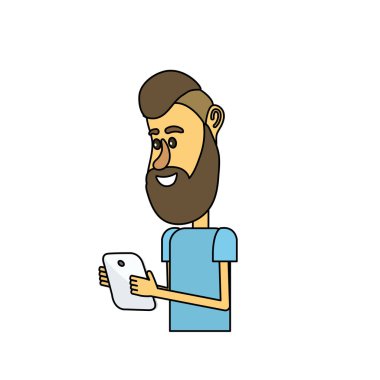 güzel adam saç modeli ve el vektör çizim içinde smartphone