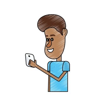 güzel adam saç modeli ve el vektör çizim içinde smartphone