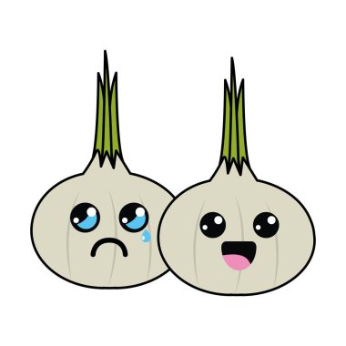 Kawaii mutlu ve hüzünlü sarımsak sebze kutsal kişilerin resmi, vektör çizim tasarım
