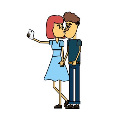çiftin öpüştüğünü ve akıllı telefon vektör çizim ile alarak selfie