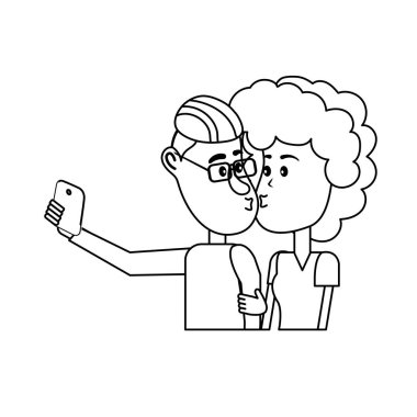 vektör çizim satırı çift öpüşme ve alma selfie ile smartphone