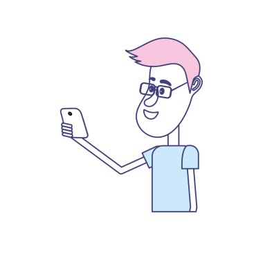 güzel adam saç modeli ve el vektör çizim içinde smartphone