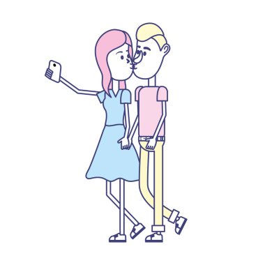 çiftin öpüştüğünü ve akıllı telefon vektör çizim ile alarak selfie