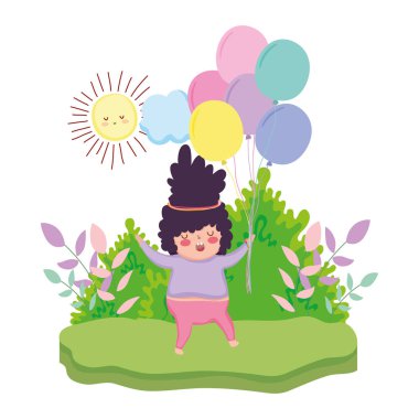Küçük tombul kız ile balonları hava manzara vektör çizim tasarım