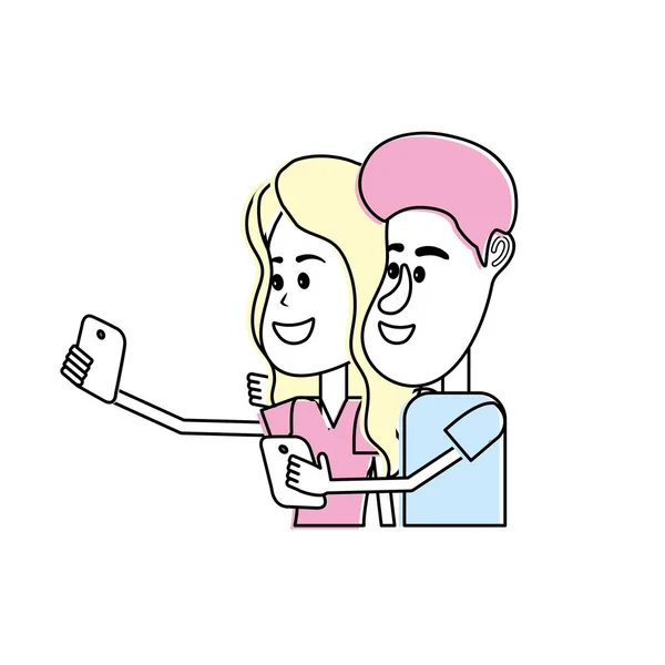 Pareja Belleza Con Peinado Teléfono Inteligente Ilustración Del Vector Mano — Vector de stock