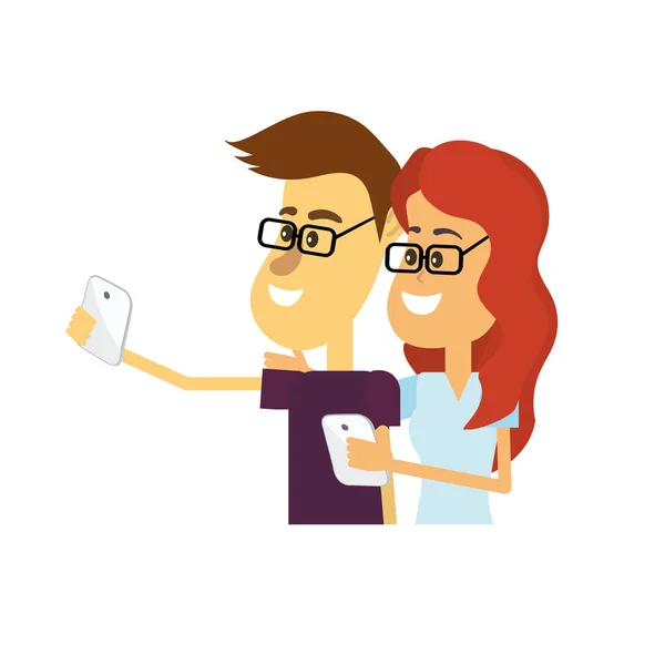 Pareja Belleza Con Peinado Teléfono Inteligente Ilustración Del Vector Mano — Vector de stock