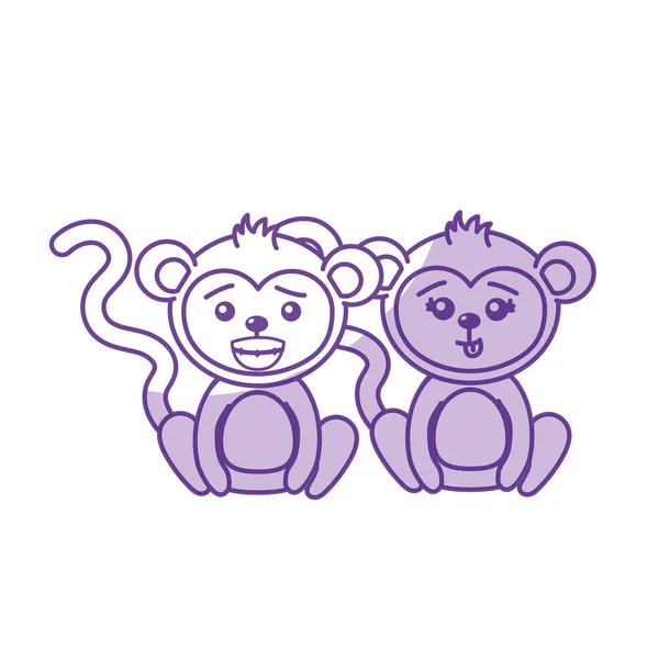 Silhouette Cute Couple Monkey Wild Animal Beautiful Expression Vector Illustration — Stock Vector
