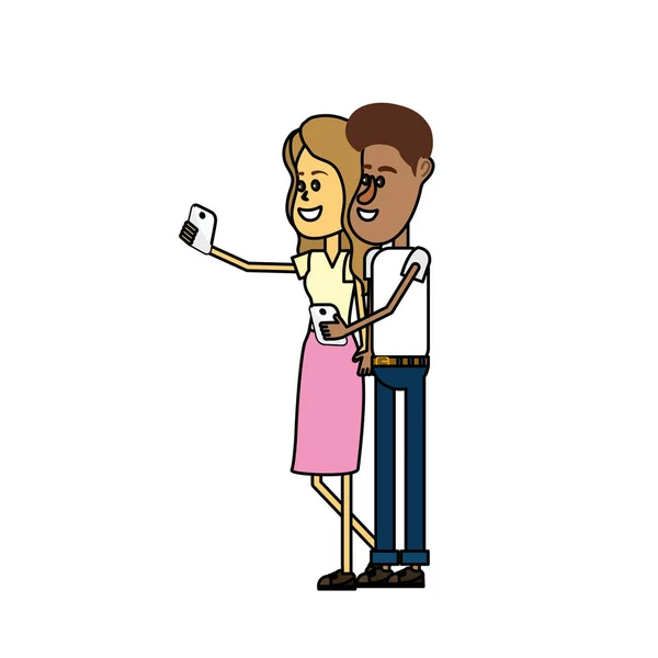 Couple Beauté Avec Coiffure Smartphone Dans Illustration Vectorielle Main — Image vectorielle