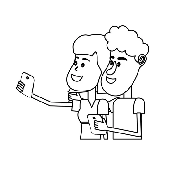 Línea Belleza Pareja Con Peinado Teléfono Inteligente Mano Vector Ilustración — Vector de stock