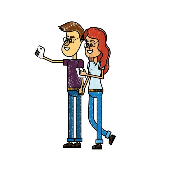 Pareja Belleza Con Peinado Teléfono Inteligente Ilustración Del Vector Mano — Vector de stock