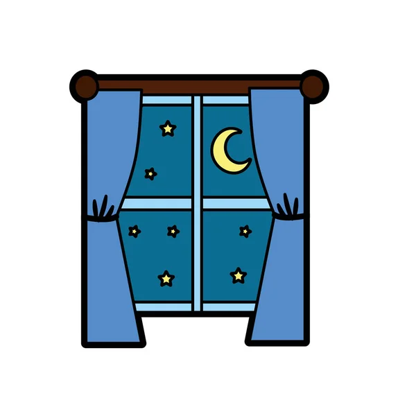 Ventana Con Cortina Noche Luna Con Ilustración Vectores Estrellas — Archivo Imágenes Vectoriales