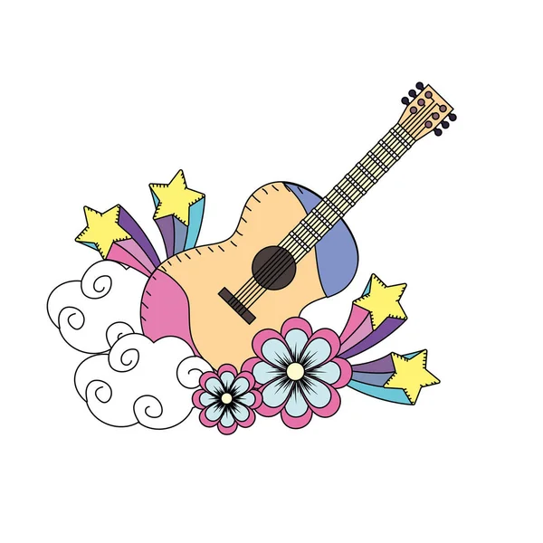 Guitar Instrument Music Flowers Stars Vector Illustration — Stock Vector