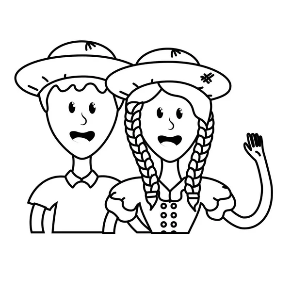 Γραμμή Χαριτωμένο Ζευγάρι Βραζιλίας Καπέλο Και Ρούχα Τυπικό Διανυσματικά Εικονογράφηση — Διανυσματικό Αρχείο