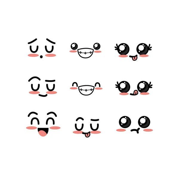 Set Kawaii Cute Tender Faces Expression Vector Illustration — Stock Vector